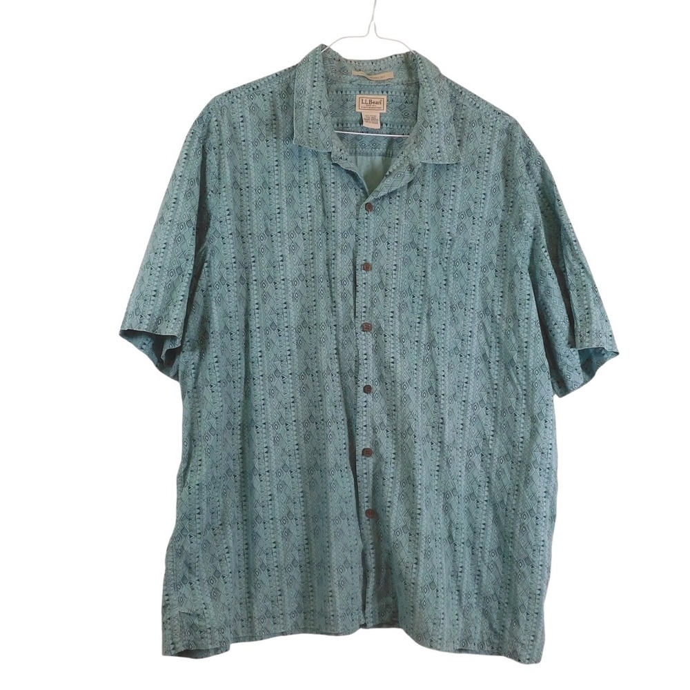 VTG LL Bean Mens XXL Short Sleeve Cotton Button Up Shirt Teal Geometric Tribal